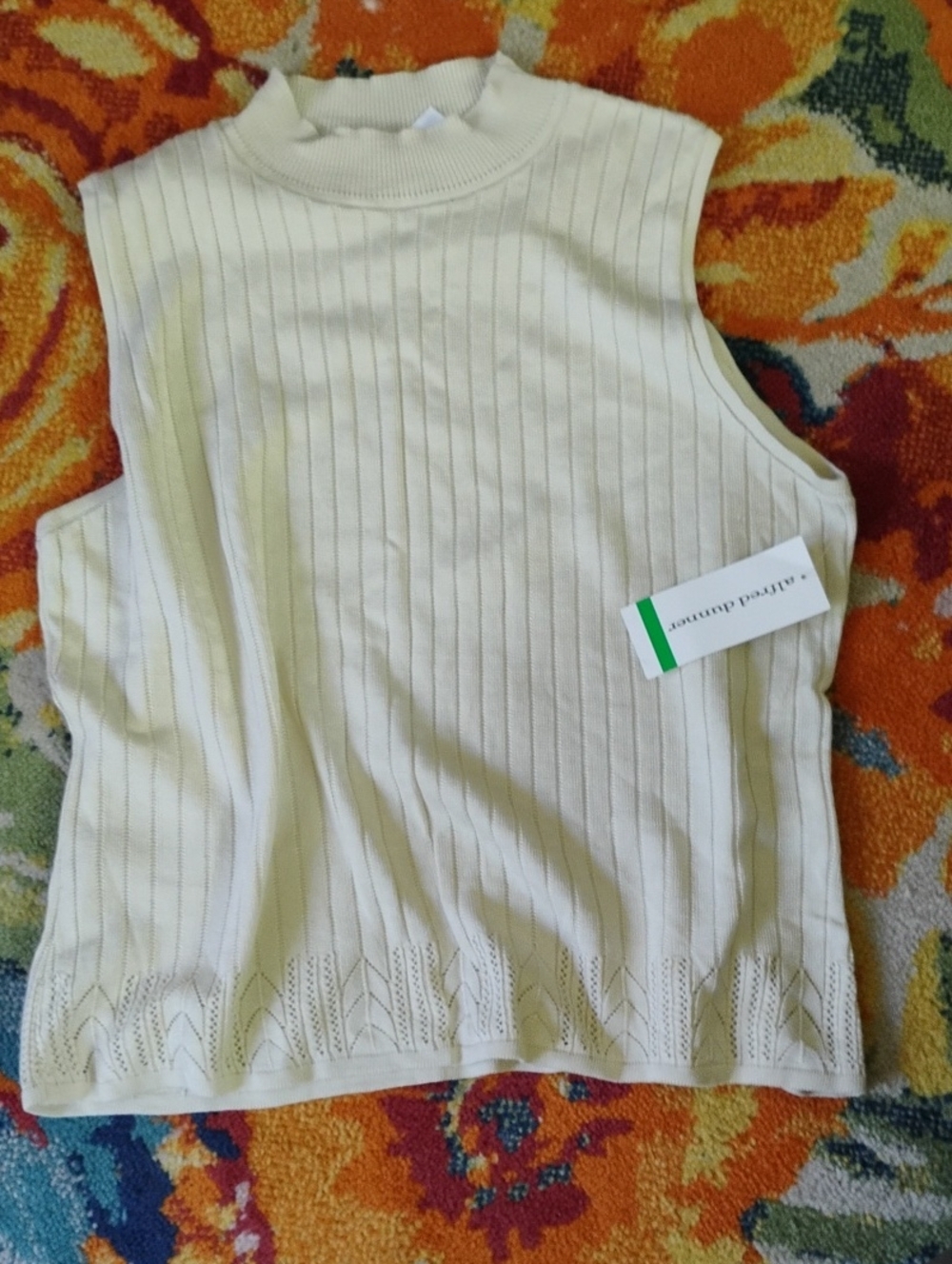 Alfred Dunner Cream Knit Ribbed Sleeveless Tank Top, Ivory, Large